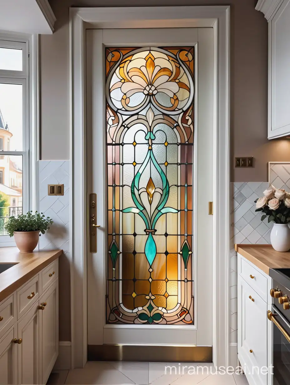 классическая витражная дверь тиффани, в стиле ар нуво, с красивыми плавными линиями, из бежевого и белого цвета стекла, на кухне