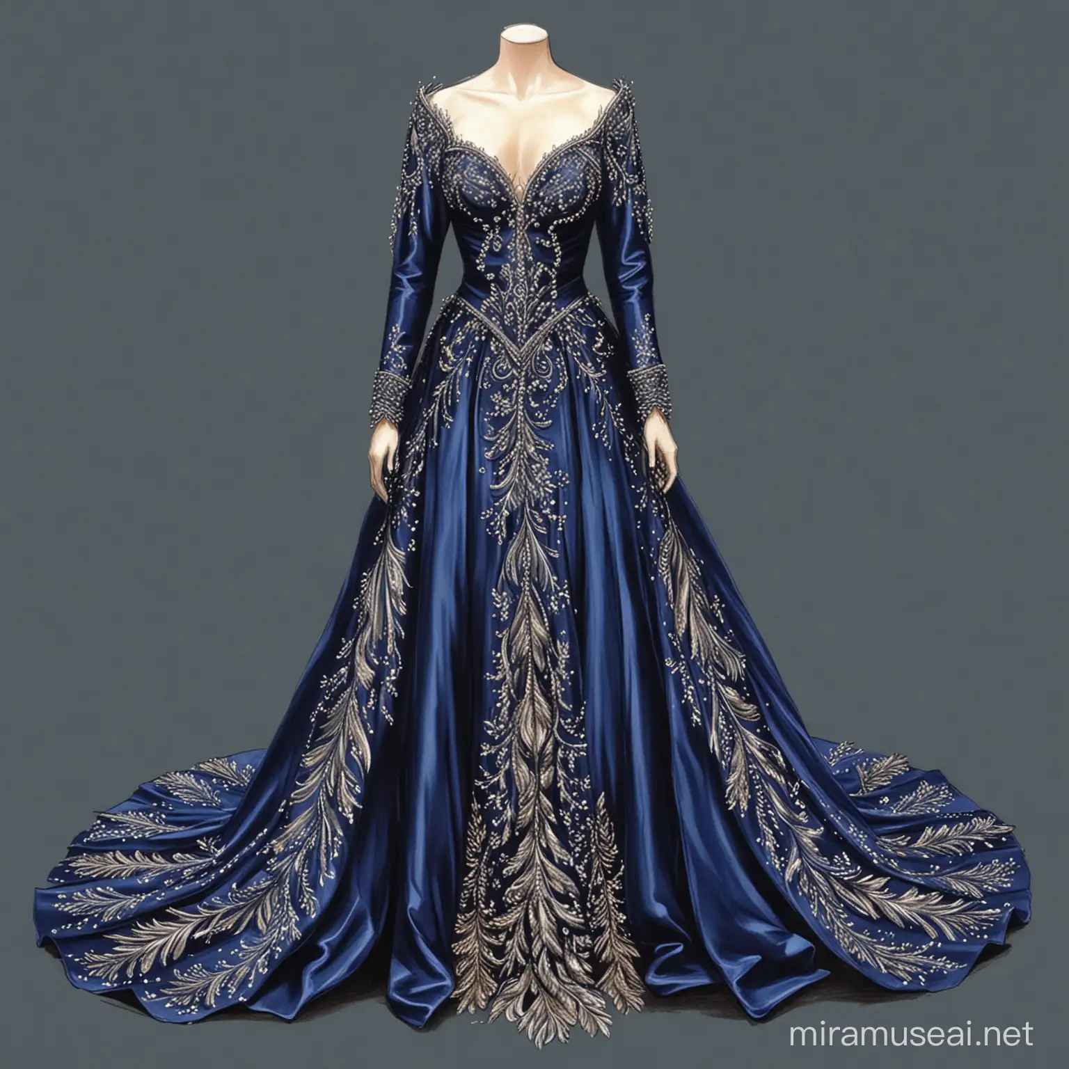 Sketch of A costume design, titled "Regal Elegance," features a floor-length gown in deep royal blue satin adorned with intricate embroidery, delicate sequins, and cascading feathers, exuding a sense of regal sophistication and timeless beauty.