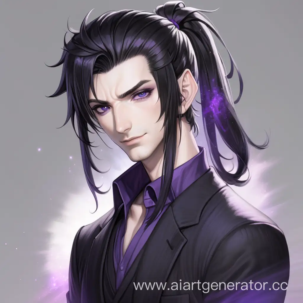 male, slightly disheveled black hair tied in a ponytail, light gray eyes, smirk, pale skin, dark clothes, purple magical aura