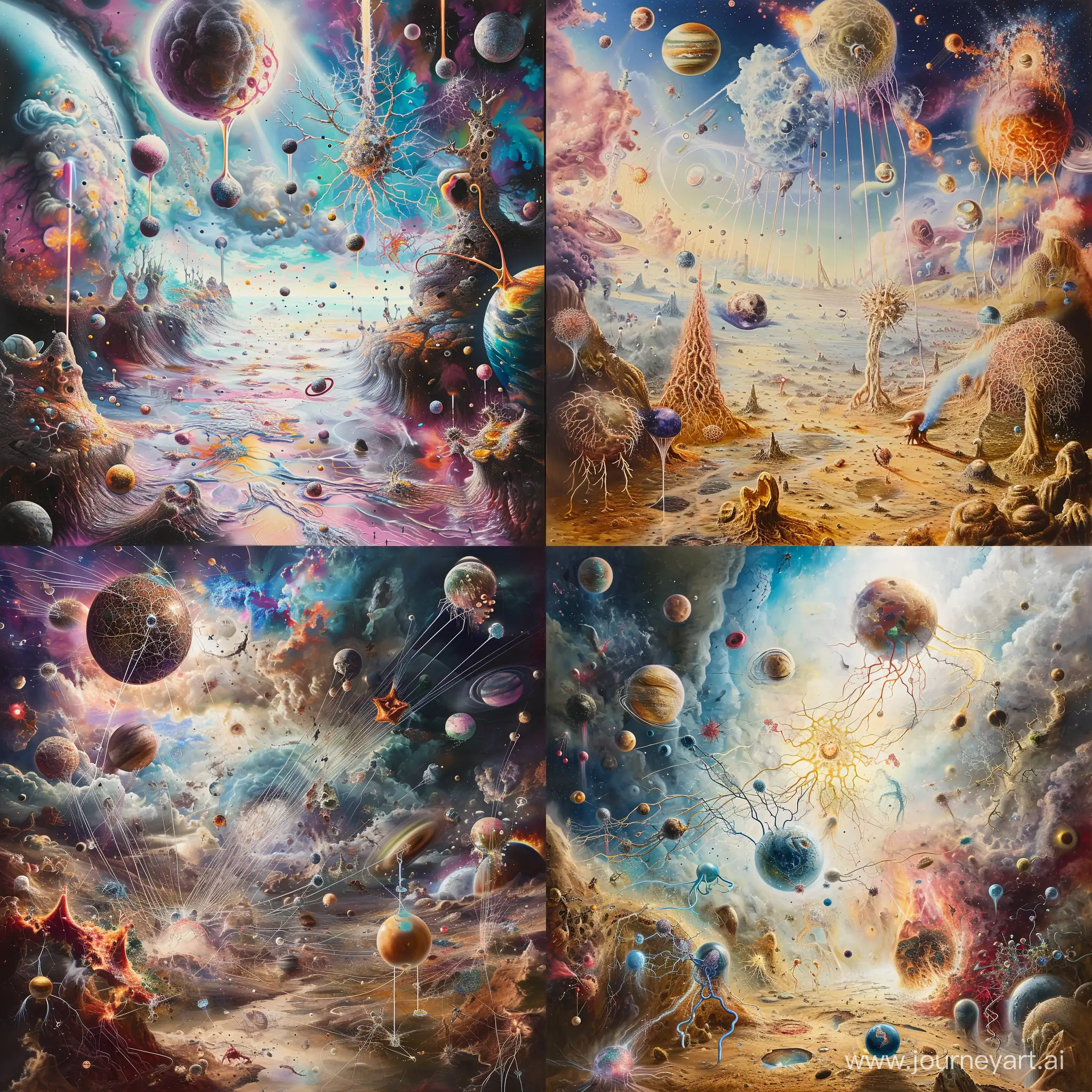 An expansive, surreal vision showcasing the interconnectedness of consciousness inspired by a DMT trip, set in an ethereal, otherworldly landscape. The composition is wide and expansive, revealing intricate details. Features vivid, color-washed lighting that enhances the dreamlike atmosphere. Includes elements such as floating planets, neuron-like structures, ethereal entities, and cosmic rays, all blending into a harmonious and complex scene, reminiscent of Salvador Dalí's abstract and surreal style --style raw --v 6.0