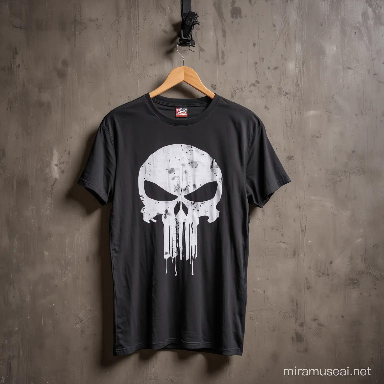 Black Tshirt with Punisher Pattern Hanging