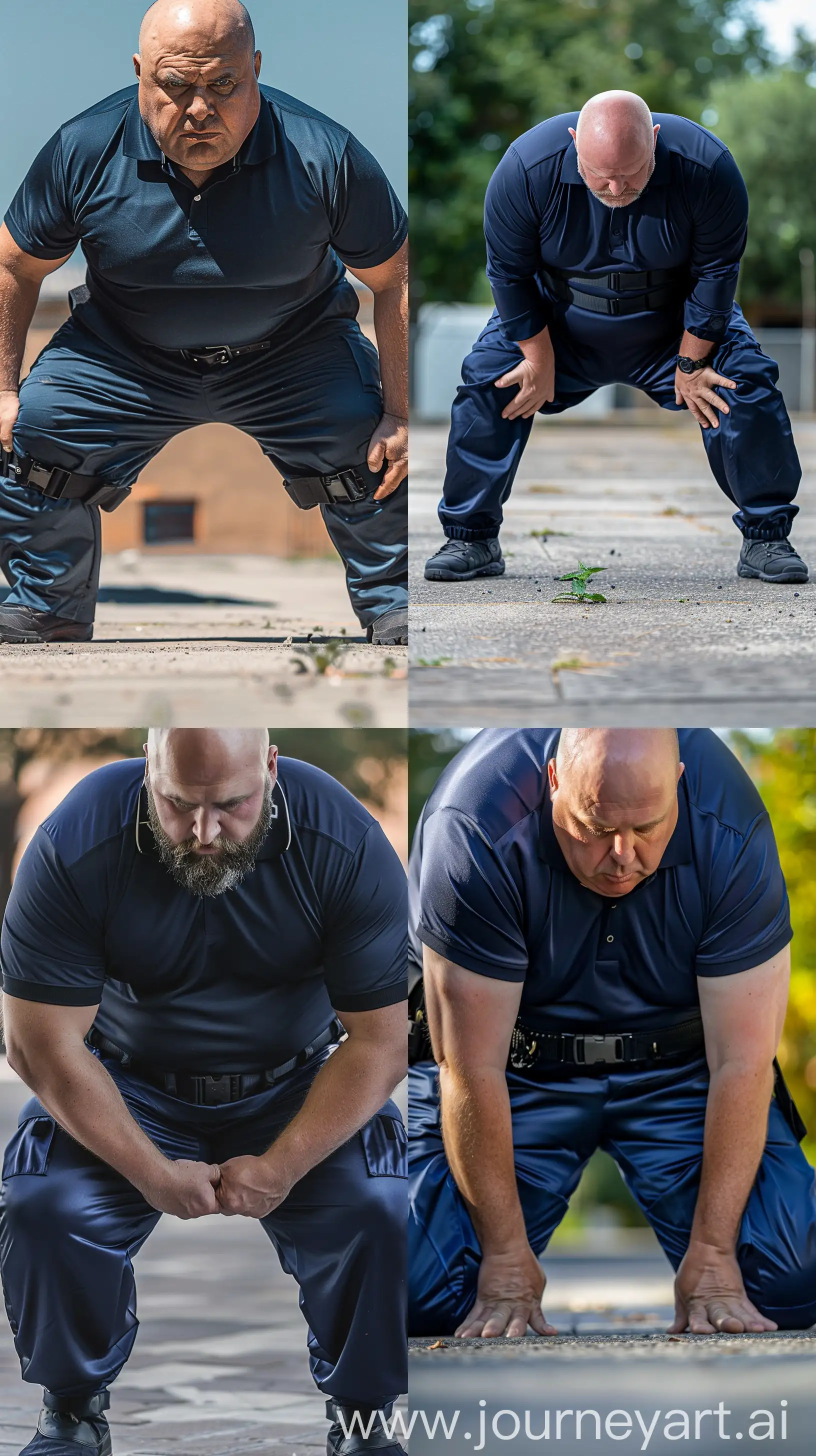 Close-up full body photo of a fat man aged 60 wearing silk navy blue tight battle pants. Tucked in silk navy sport polo shirt. Black thick tactical belt. Falling both knees touching ground. Outside. Bald. Clean Shaven. Natural light. --ar 9:16