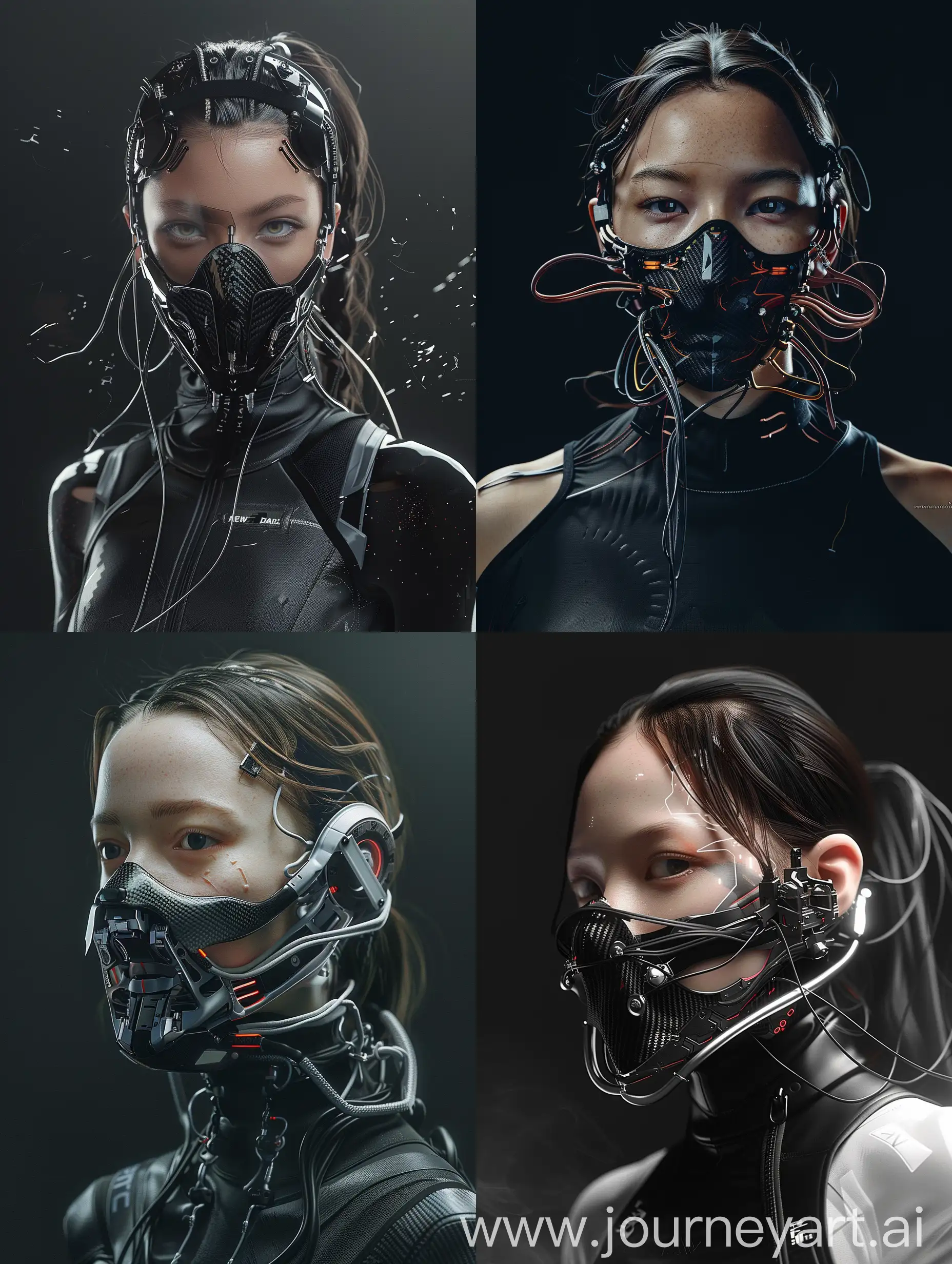 Against a sleek black backdrop, behold the captivating presence of a beautiful character adorned with a cybernetic mouth-covering mask. It seamlessly merges cutting-edge technology with intricate details, showcasing carbon fiber textures, sleek aluminum accents, and pulsating wires. Symbolizing the delicate equilibrium between humanity and machine, her appearance embodies the essence of a futuristic cyberpunk aesthetic, further accentuated by New Balance-inspired add-ons. With dynamic movements reminiscent of action-packed film sequences, accompanied by cinematic haze and an electric energy, she exudes an irresistible allure that commands attention. Enhanced with adjustments in brightness and contrast, meticulous attention to levels, and carefully crafted shadows, her image comes to life with mesmerizing depth and intensity.