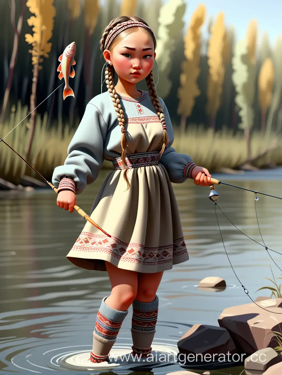 Девушка якутка в спущенных носках и национальном мини-платье с длинными рукавами и косичками рыбачит на речке, полный рост
