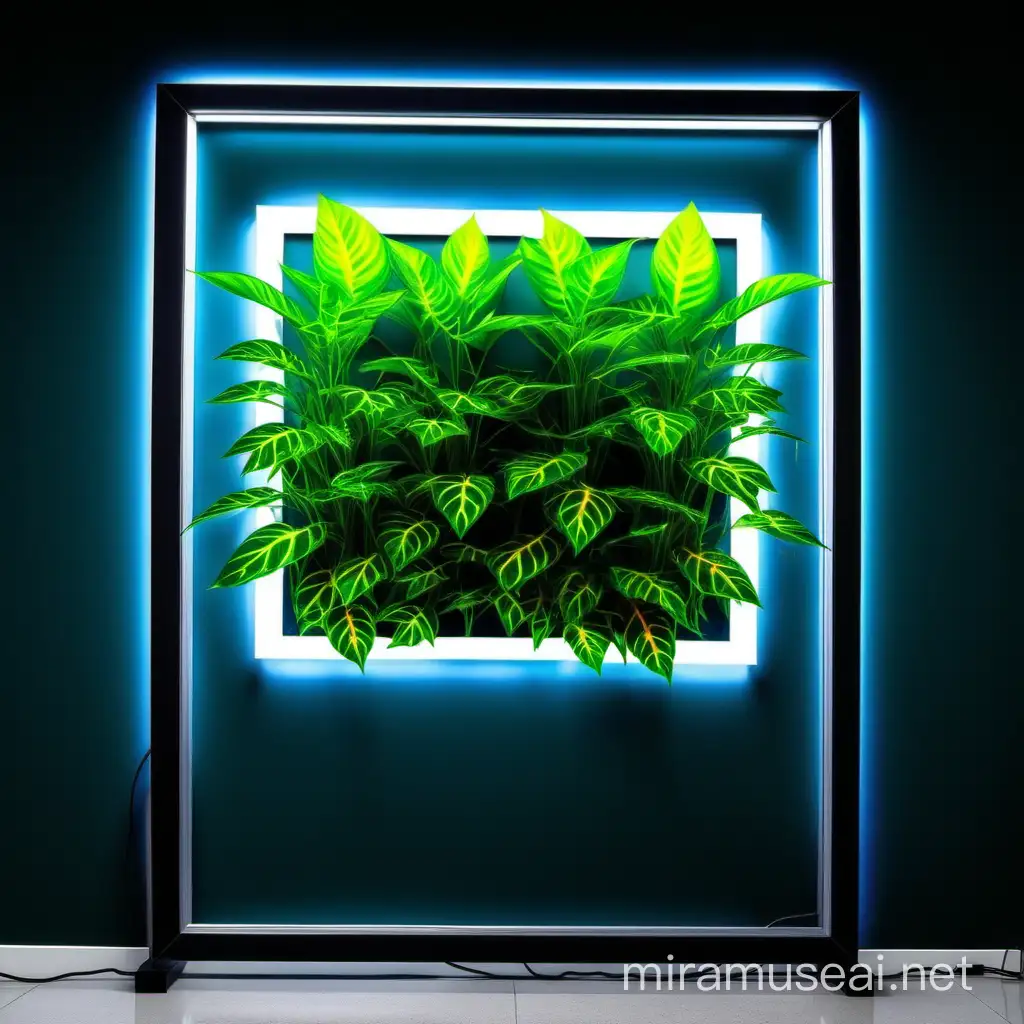 Illuminated Backlit Advertising Board with Glowing Plants
