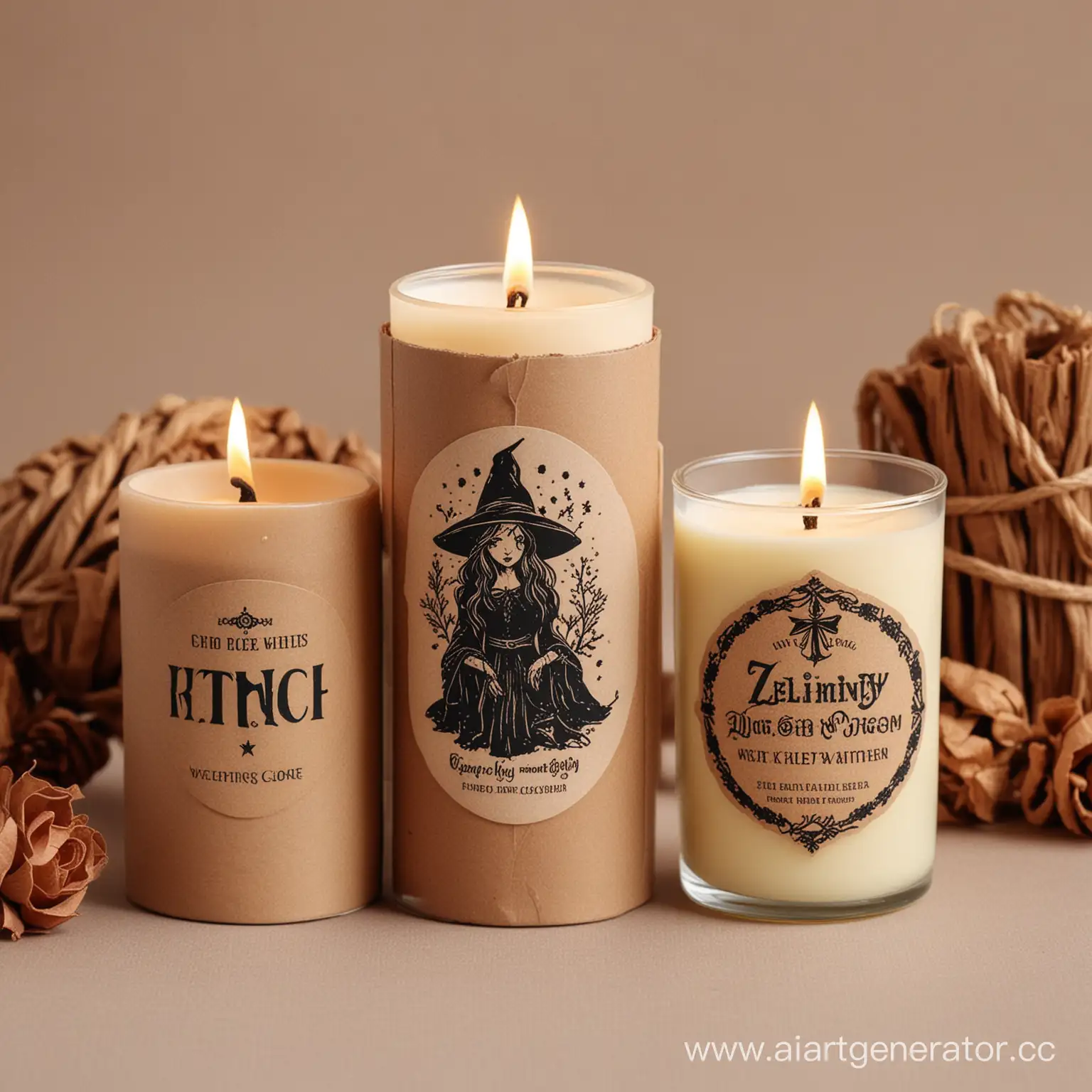 Craft candle style witch core with nice craft paper label with logo similar zelinskiy rozen 