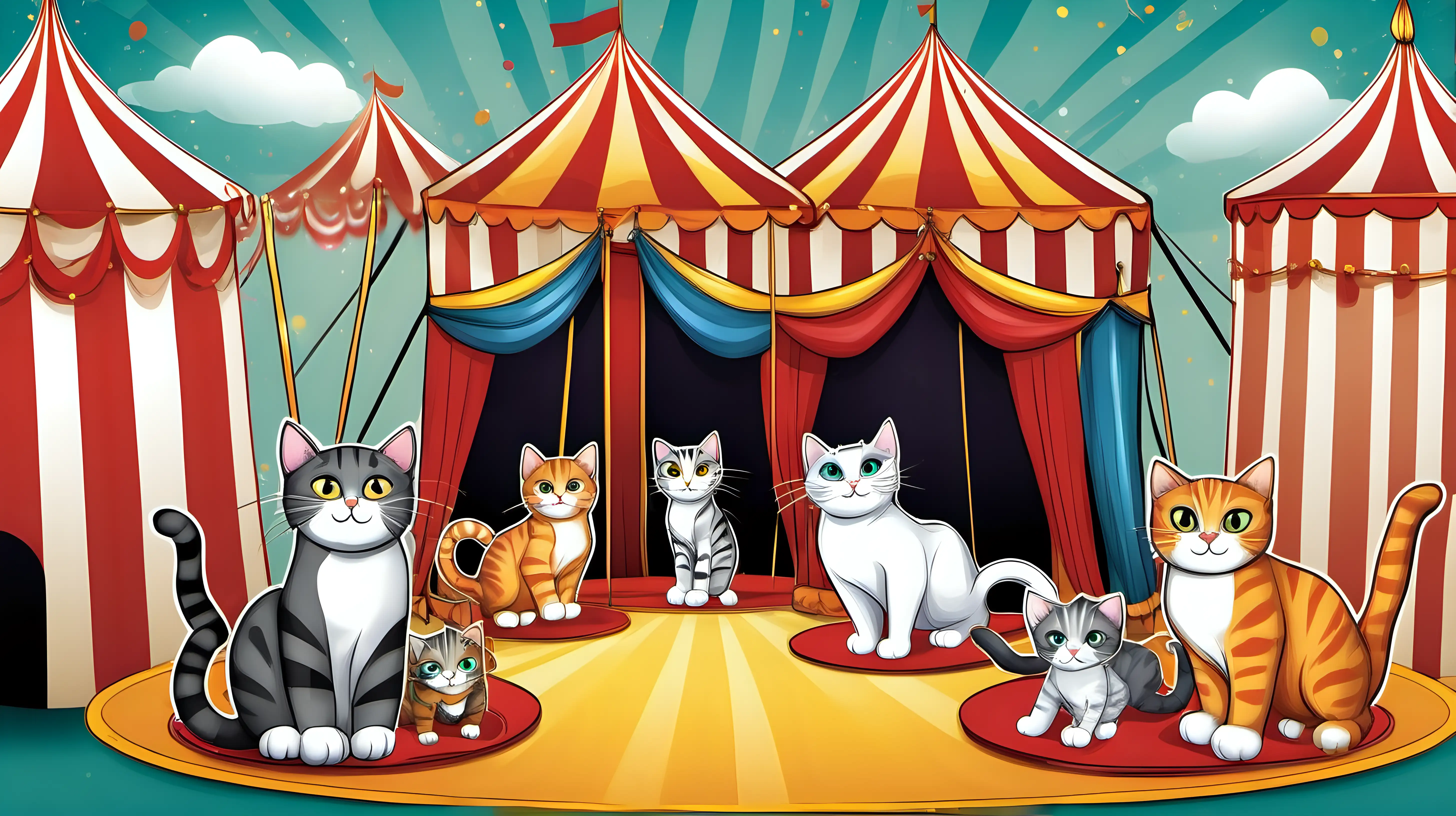 "Design a cat circus with acrobatic felines performing daring stunts under the big top, showcasing their agility and entertaining the audience with their cuteness."