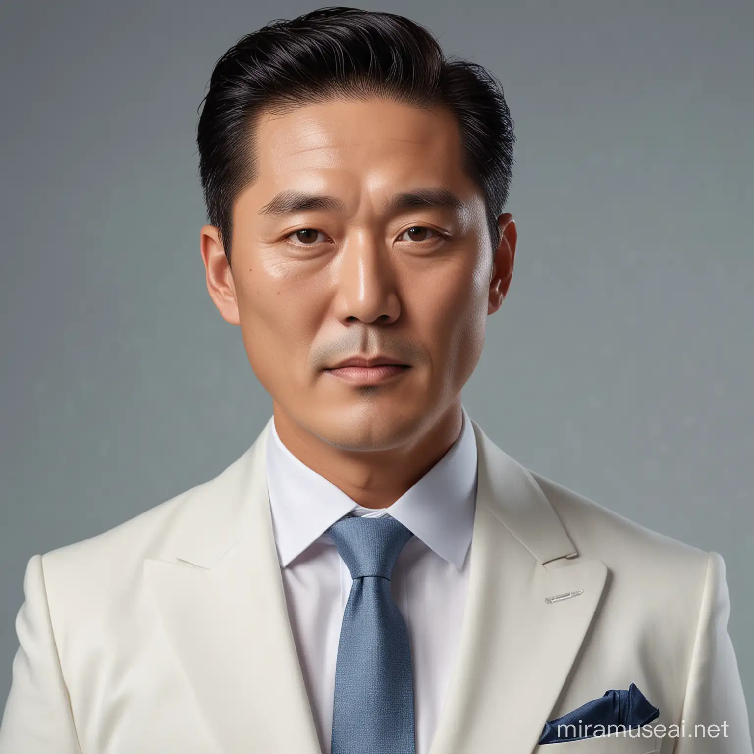 "A photorealistic portrait of a mature mixed Korean gentleman, aged 35, exuding sophistication with fair skin and light blue eyes complemented by stylishly swept-back hair, showcasing a chiseled jawline and a subtle lower shave, attired in an elegant white suit, set against a contrasting background."
