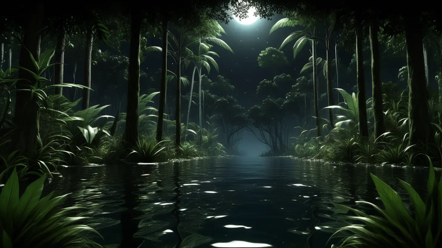 plants, junge, tall trees, water in the middle, very detailed,night time, super realistic