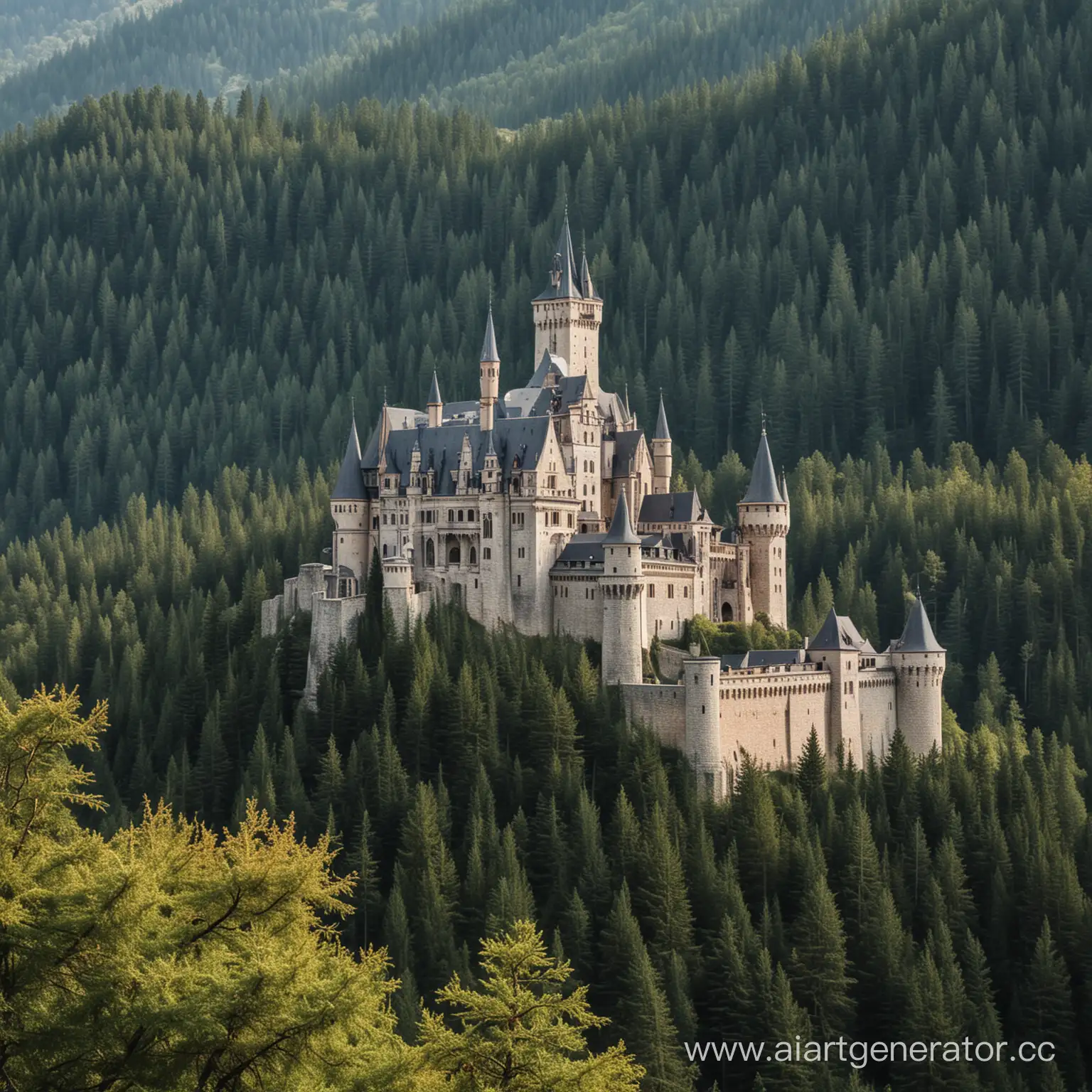 Средневековый замок в готическом стиле на подножье горы окутанный еловым лесом