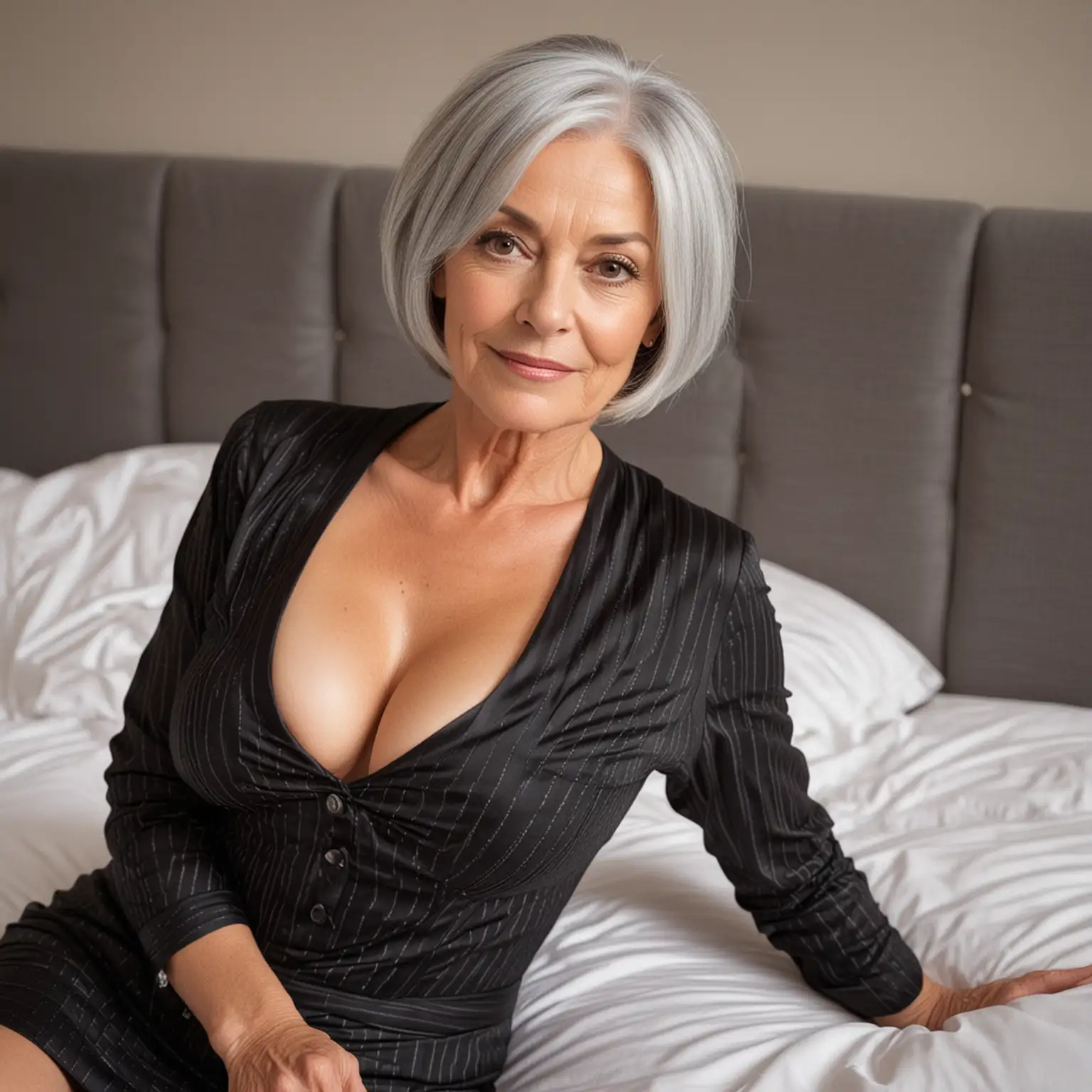 a slim beautiful 70-year-old woman with big breasts and grey hair in a bob wearing a skintight black pinstripe suit and short skirt lying on a bed 