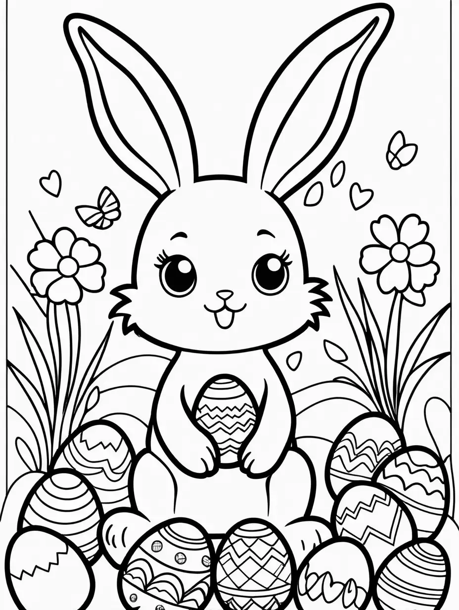 coloring page for kids with a cute kawaii bunny with easter eggs  all around, black lines white background, only black and white