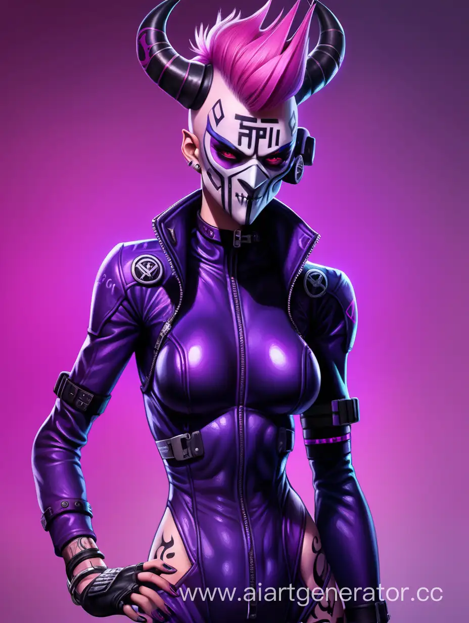 Demon, purple skin, skinny body, short pink hair with mohawk, cyberpunk black and purple latex full body assassin closed suit, cyberpunk assassin mask on face, rune tattoo, horns, female character 