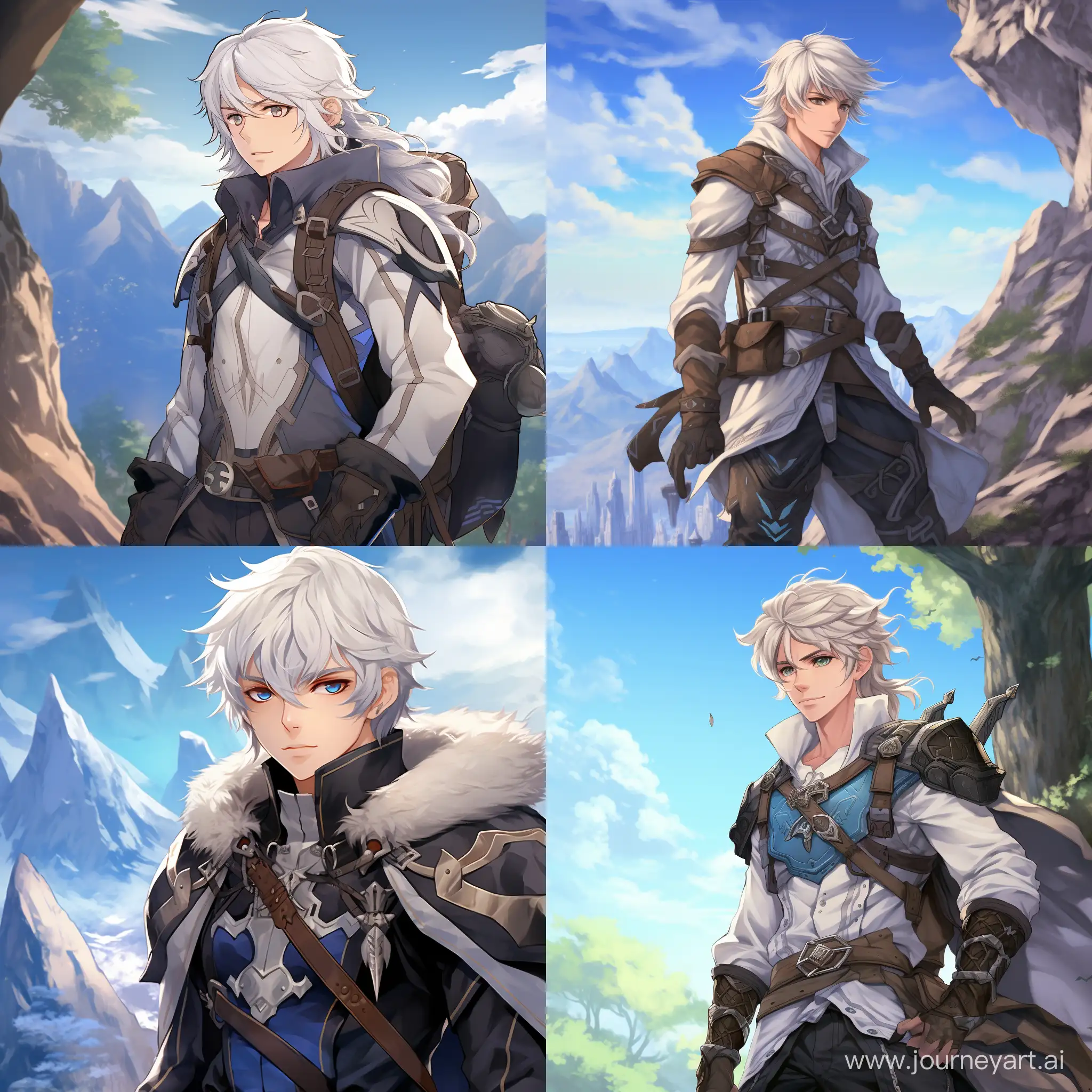 Best quality anime white hair guy with blue eyes going on adventure 
