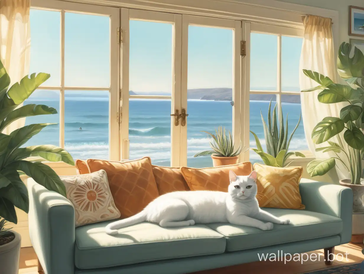 A short haired white cat basking in the sun on a couch in front of a bay window looking out to the ocean and there are plants and two surfboards
