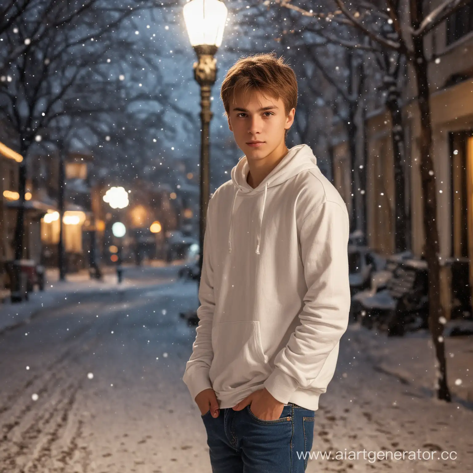 Elegant-Teenager-in-Snowfall-Evening-Russian-City-Street
