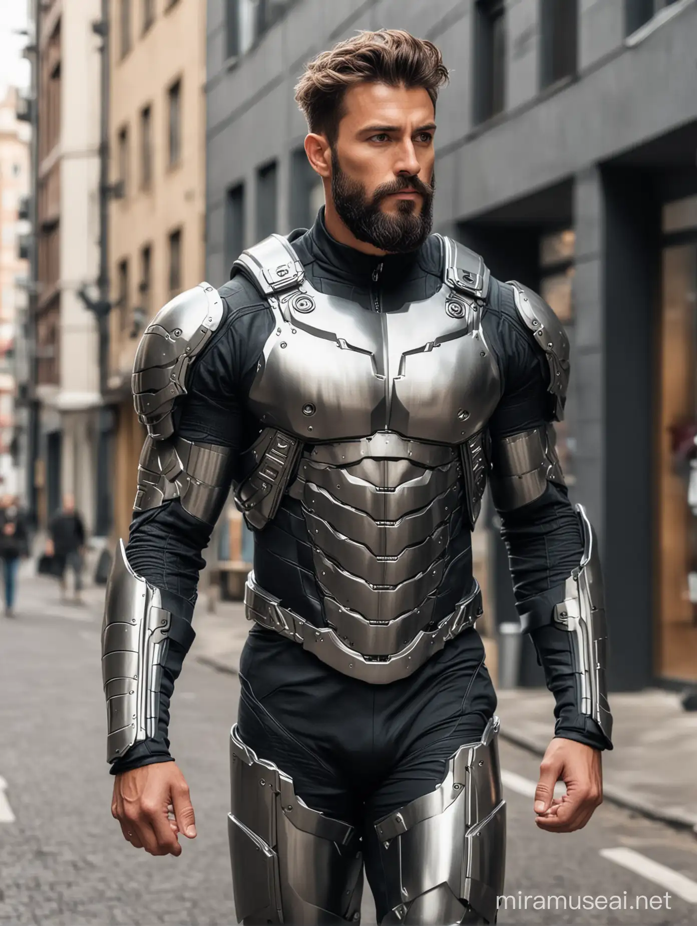 Tall and handsome muscular men with beautiful hairstyle and beard with attractive eyes and Big wide shoulder and chest in modern High tech armour suit walking on street 