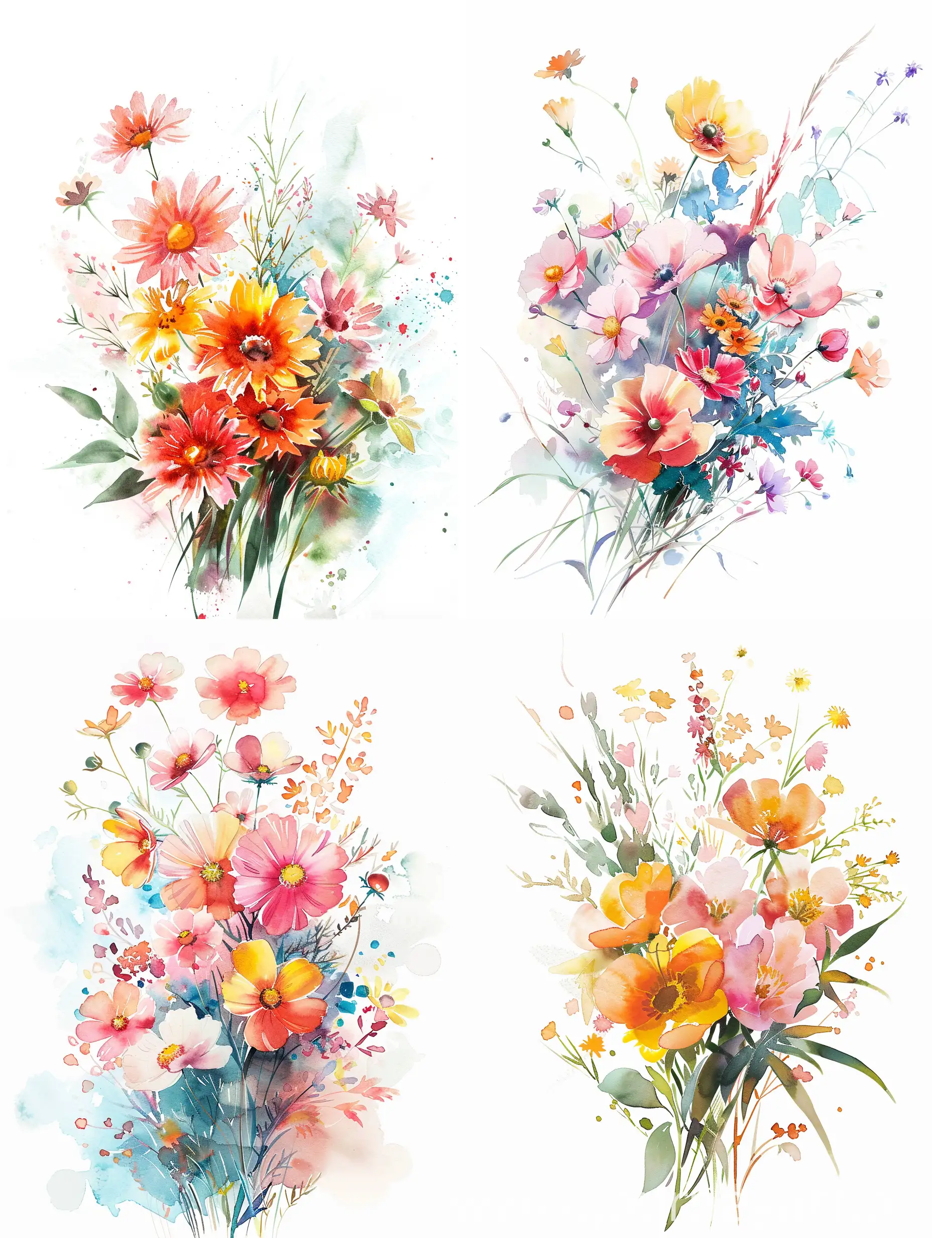 Light watercolor, a bouquet of flowers, bright, white background, few details, dreamy, Studio Ghibli