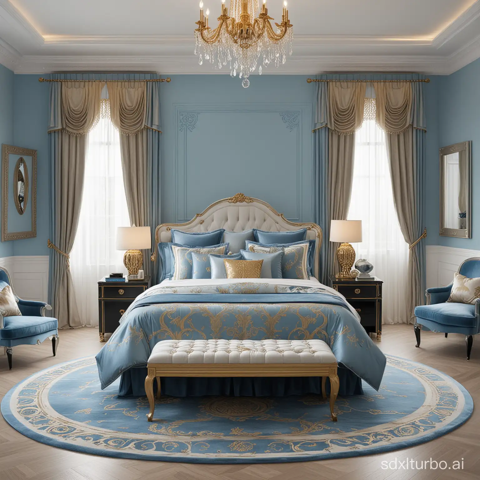 Bed room urban crystal blue mix light gold. swags symmetrical fine, Minimalist style. Versace pattern.