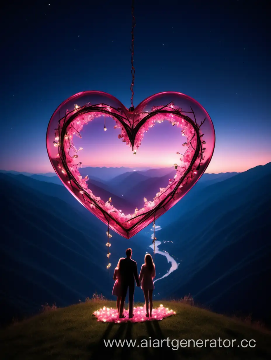 Romantic-Couple-Admiring-a-Big-Pink-Glass-Heart-with-Mountain-Silhouette-at-Night