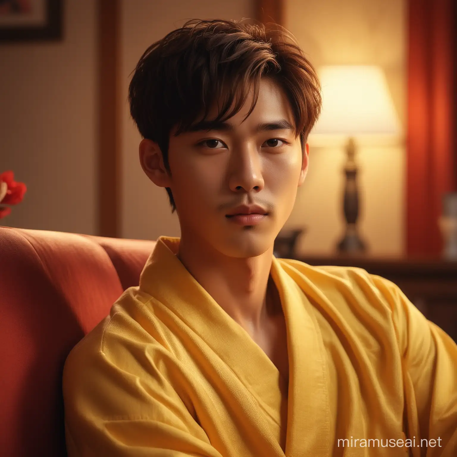 photo realistic, high quality, young korean man, perfect face, brown straight short hair, wearing light-yellow robe, sitting on the armchair, red light night room, detailed brushwork, soft bokeh, depth of field, opulent colors, velvety shadows, meticulous detail, luxurious atmosphere, sumptuous textures 4k HD