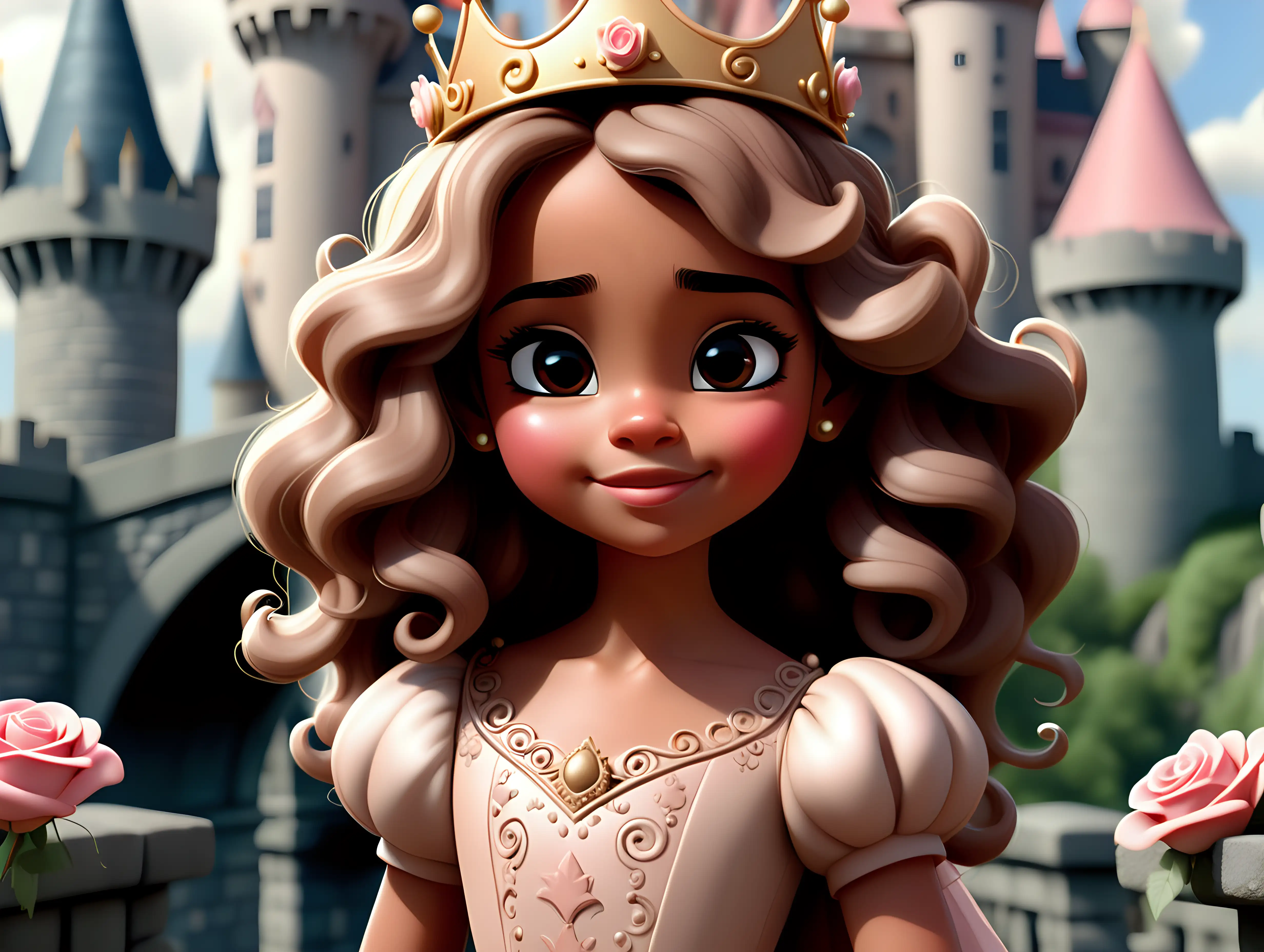 A beautiful 7 year old girl, cute, light brown skin, big light hazel eyes long black eyelashes, blush,beautiful lips, round face,standing on castle bridge, princess dress , large shiny metalic crown, roses, extremely long brown detailed curly hair, dress, disney style, cartoon character, sun light shining on her face, sky, clouds, frown, smile, looking forward