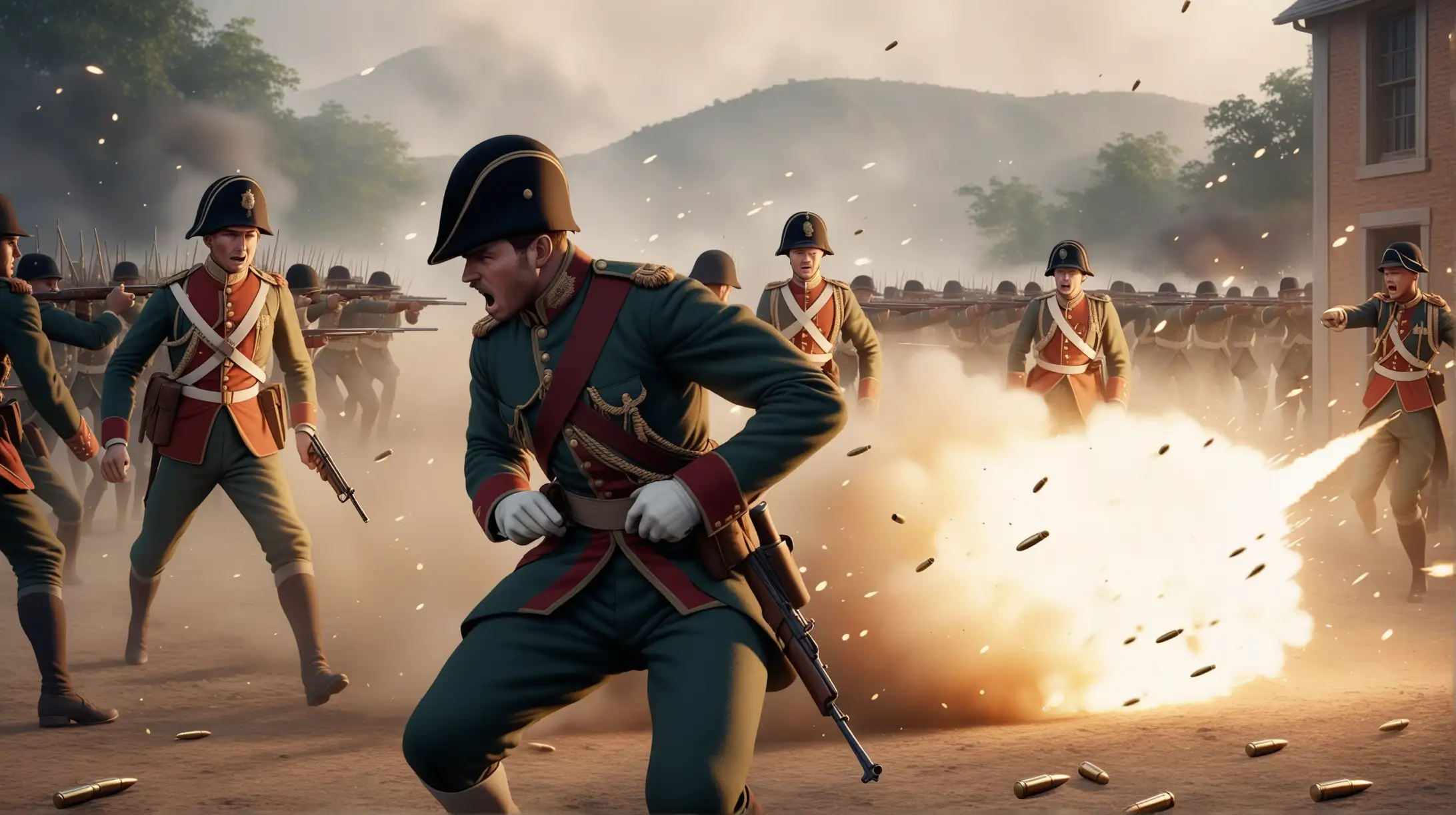 realistic cinematic, generate an image set in the 19th century colonial era, depicting scene of European looking British English Soldier in uniform getting hit by the bullets