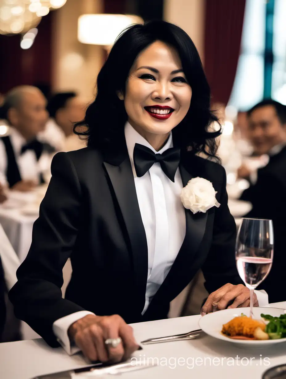 A hot 40 year old Vietnamese woman wearing a black tuxedo jacket and a white shirt and a black bow tie and large cufflinks is sitting at a dinner table.  She is smiling.  She has shoulder length black hair and is wearing lipstick.  Her jacket has a corsage.