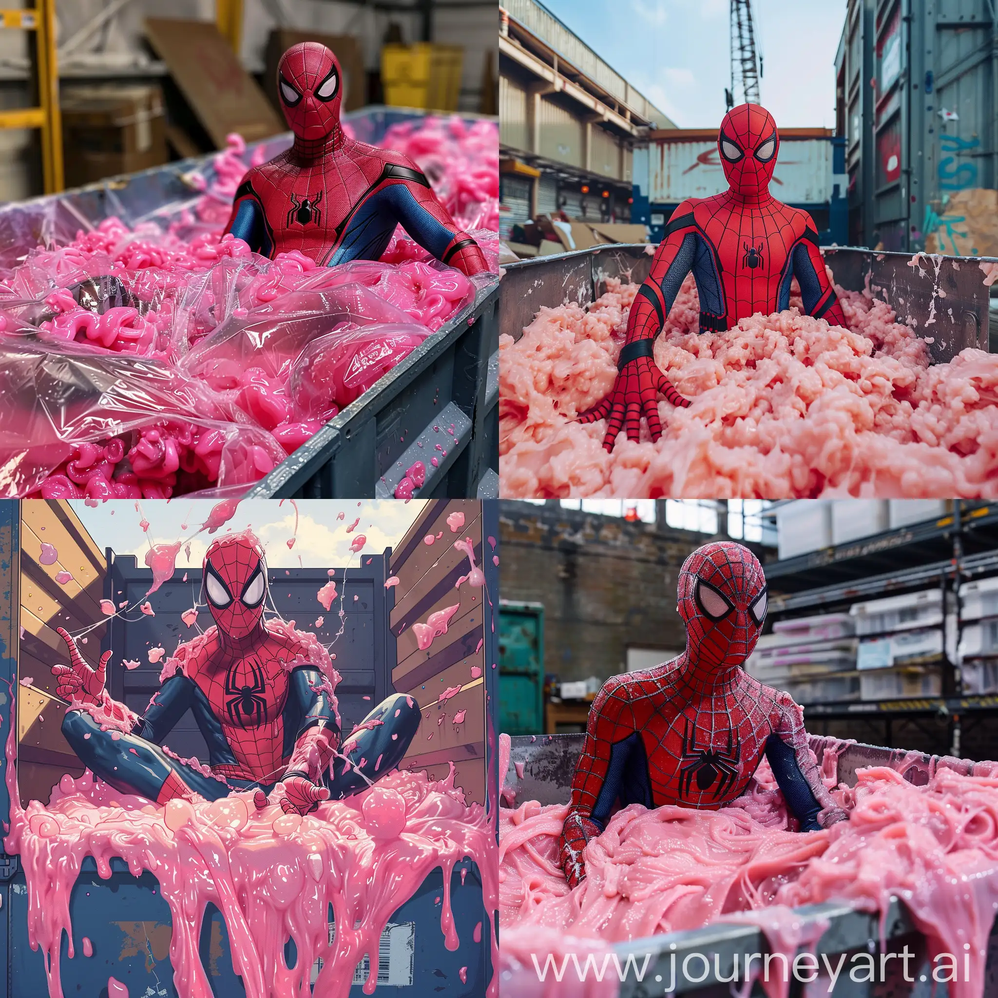 spiderman in a dumpter full of pink slime