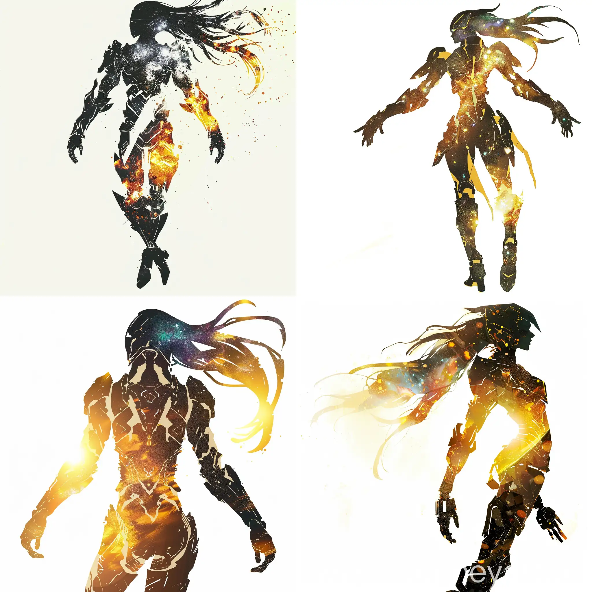 analog button of mobile moba game, there is a silhouette of a person in armor with two arms sketching to the side, the person has long galaxy hair, conceptual , dancing, mechanical shinigami, robot, futuristic design, slender, silhouette, plain white background, light yellow silhouette