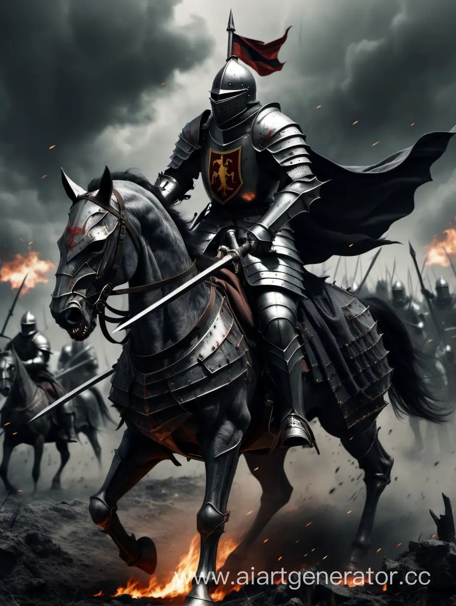 Formidable-Black-Knight-in-Gray-Armor-Wielding-Broad-Sword-and-German-Halberd-on-Hellish-Battlefield