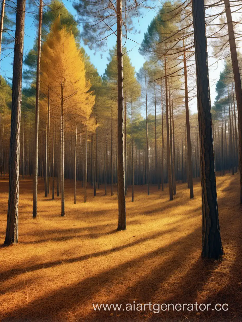 Golden-Autumn-Glade-in-Pine-Forest-Sunlit-Scene-with-Young-and-Old-Trees