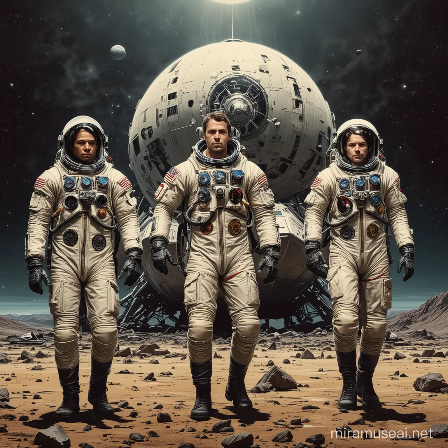 only 4 astronauts. Design a stylized graphic movie poster for a space mission drama. Feature four astronauts in bold graphic style, emphasizing sharp lines and vivid contrasts. Position the astronauts in dynamic poses in front of a stylized depiction of a damaged spacecraft, with the vastness of space and Earth in the background. have the space ship actually be made of emails. in the style of shepard fairey, banksy --v 6.0 --s 500