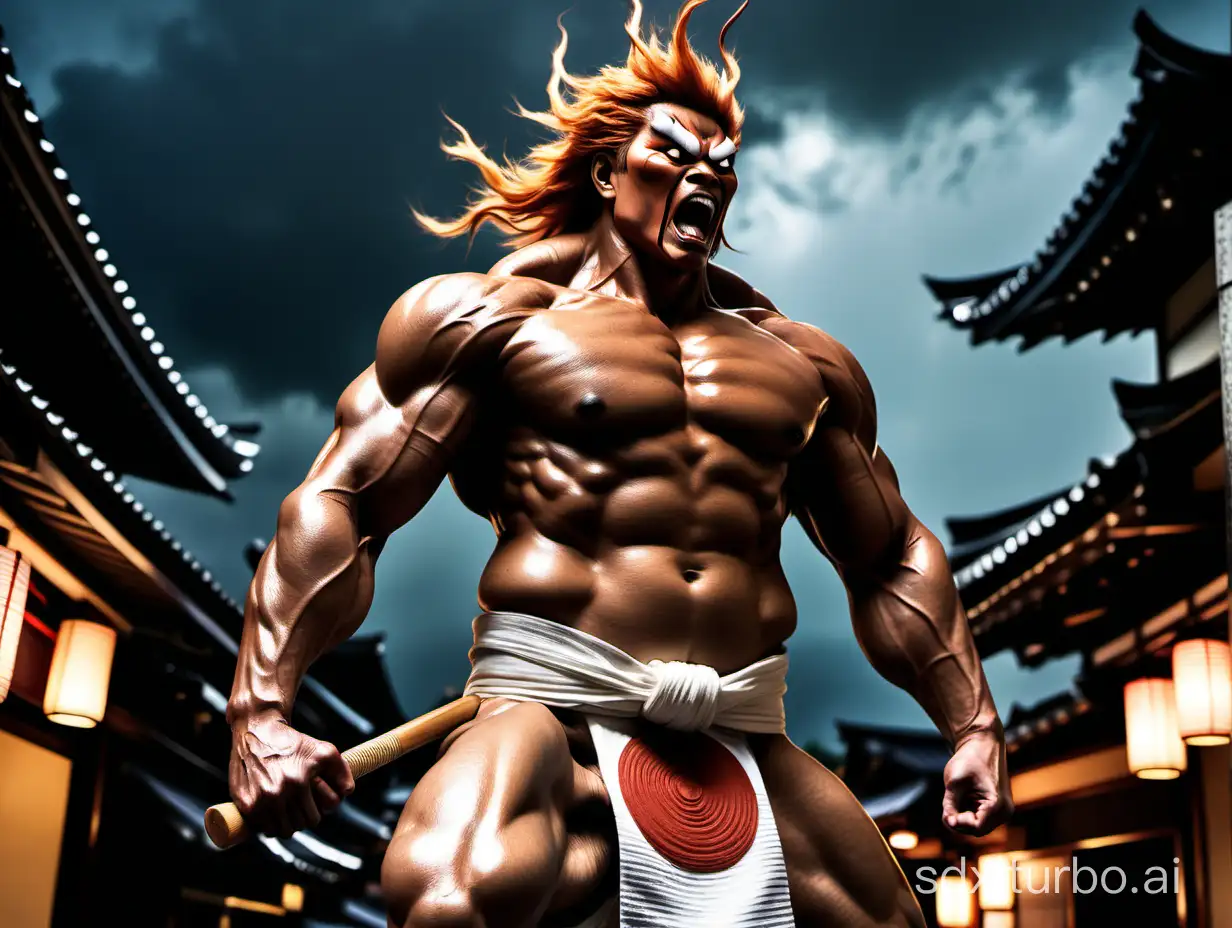 Extremly low angle shot, extremely wide shot, extremely long shot, perspective, dynamic pose, masterpiece. raijin (japanese thunder god ) descends from cloudy night sky and hovers over an ancient japanese street with fierce thunders. his head has short ginger gravity-defying hairs. his muscular body is like bodybuilder and has ginger hairs.  he wears a small white fundoshi (japanese traditional loincloth). he holds a small hammer. Eight Taiko drums hovers behind him in a shape of circle.