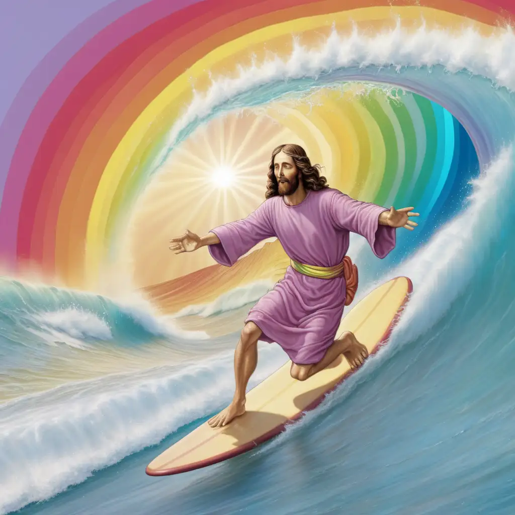 Colorful Divine Surfing Rainbow Jesus Riding a Wave