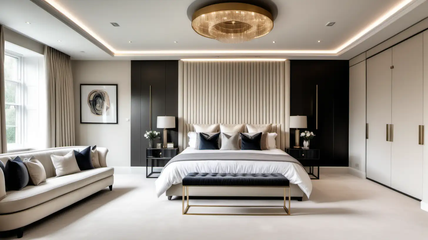 Editorial style photograph of a luxury master bedroom with vertical headboard, cream carpet, abstract wall canvas, seating area,  neutral furniture, modern ceiling light in a mansion in London . High resolution 8k