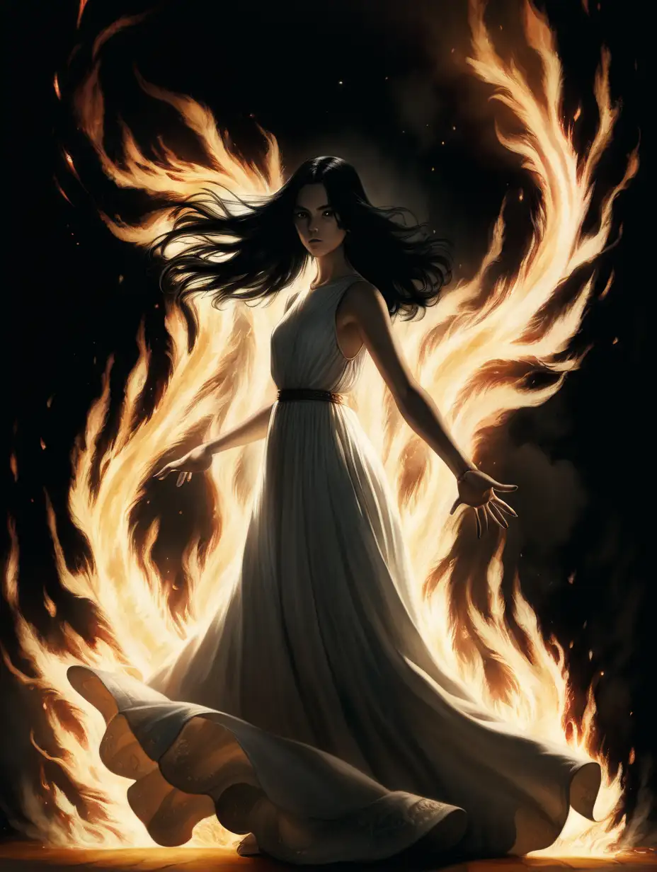 a woman in a white dress with flowing black hair stands in darkness. her hands are spread out in front of her and flames are erupting from her hands. there is the shadow of a cat like creature in the corner