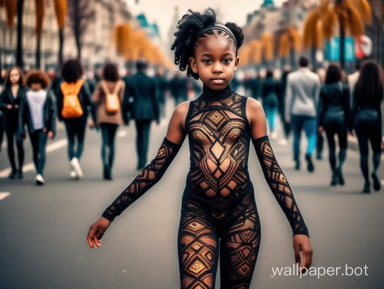 African girl 12 years old in a pleasant bodystocking parade along the boulevard of the fantastic city, futurism baroque