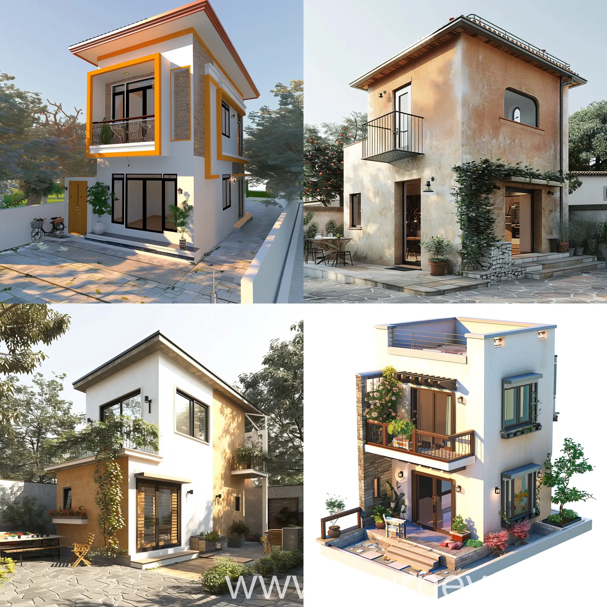 Создай фото небольшого двухэтажного дома с боковым входом и спереди с терассой 