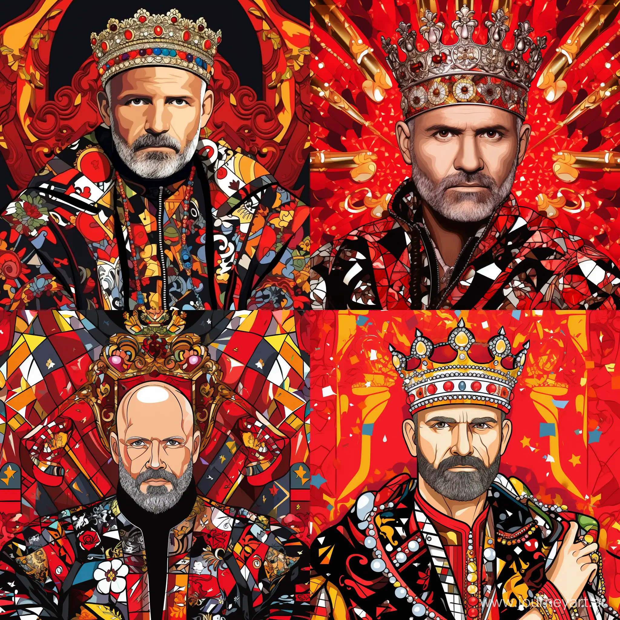 Portrait of Gianni Versace, with a crown on his head, many details, complex, on the background of a pattern of clubs, accessories from Versace, colors black, white, red, gray, cartoon style, pop art style, fashion illustration style