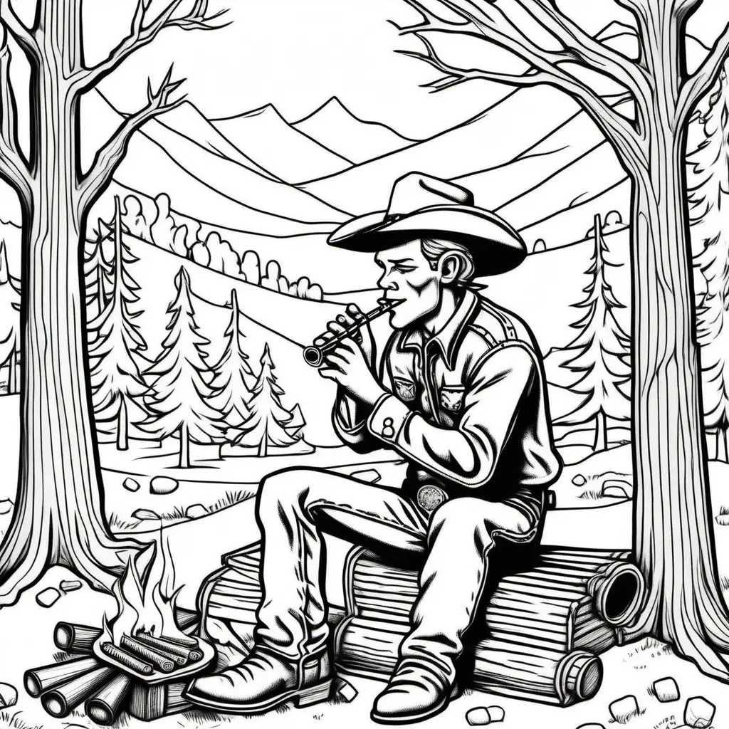 coloring book page of cowboy sitting by a campfire playing a harmonica, no shading, line drawing