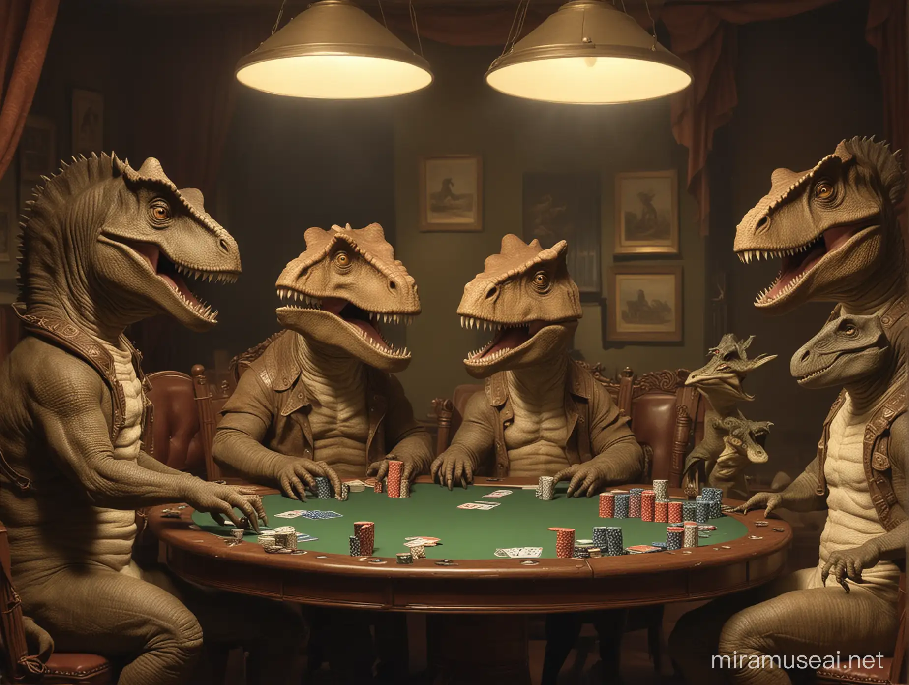 Dinosaurs Playing Poker Classic Art Style Tribute