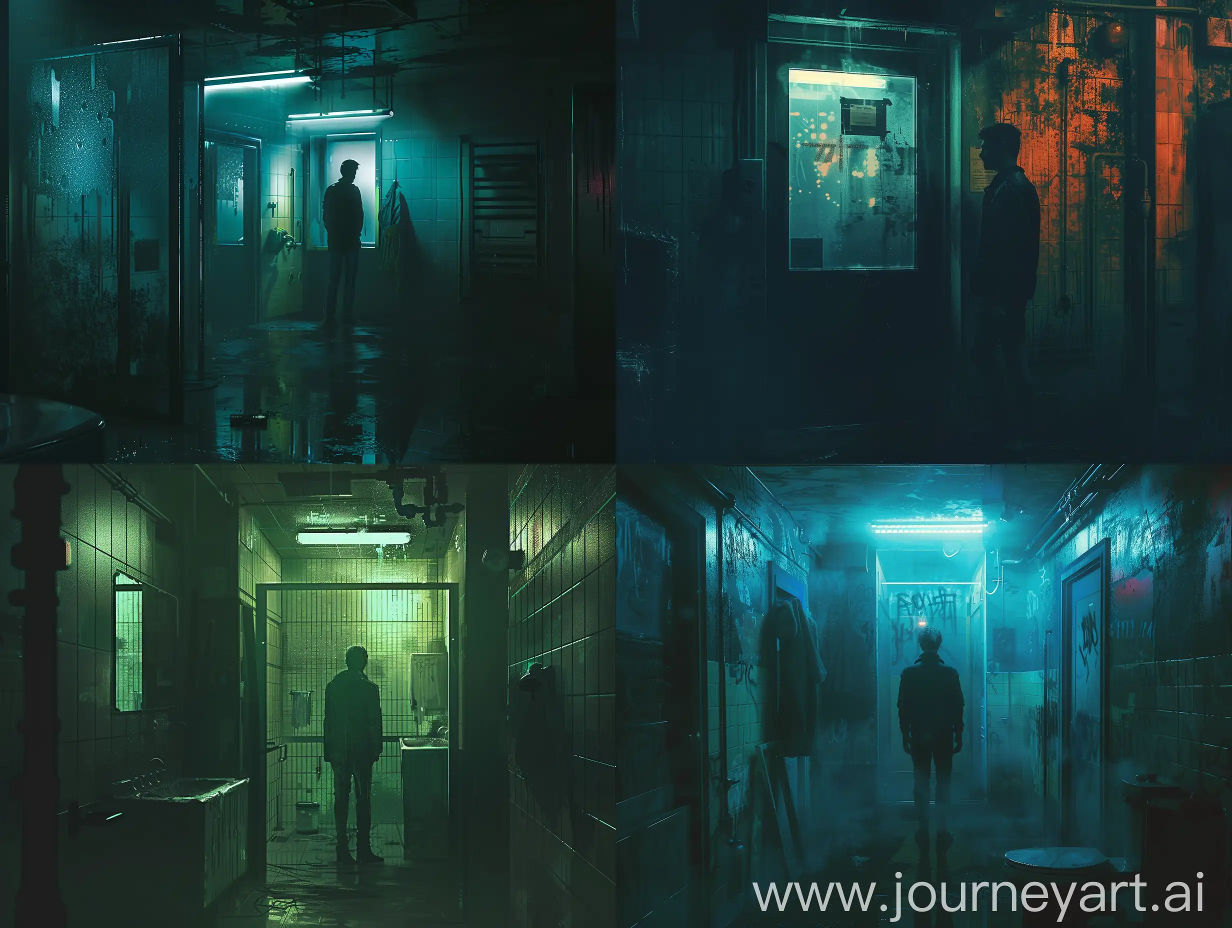 a man  standing inside of a dark bathroom, soft lighting, atmospheric ,cinematic, dystopian ,cyberpunk, Bladerunner, new york, anime style, concept, cover art,