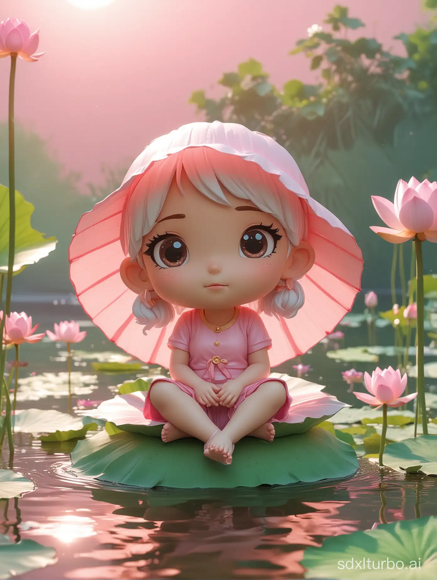 Super cute girl, sitting on a big pink lotus, sun over head, pond, super cute girl IP by pop mart, pastel color, mockup, blind box toy, fine luster, clean background, 3D render, oc render, best quality, 4k, ultra detoiled