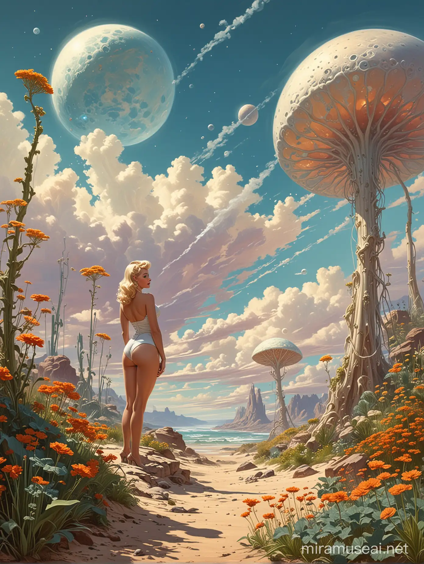 Colorful Vintage SciFi Landscape with Enlarged Fractals and Radiolara