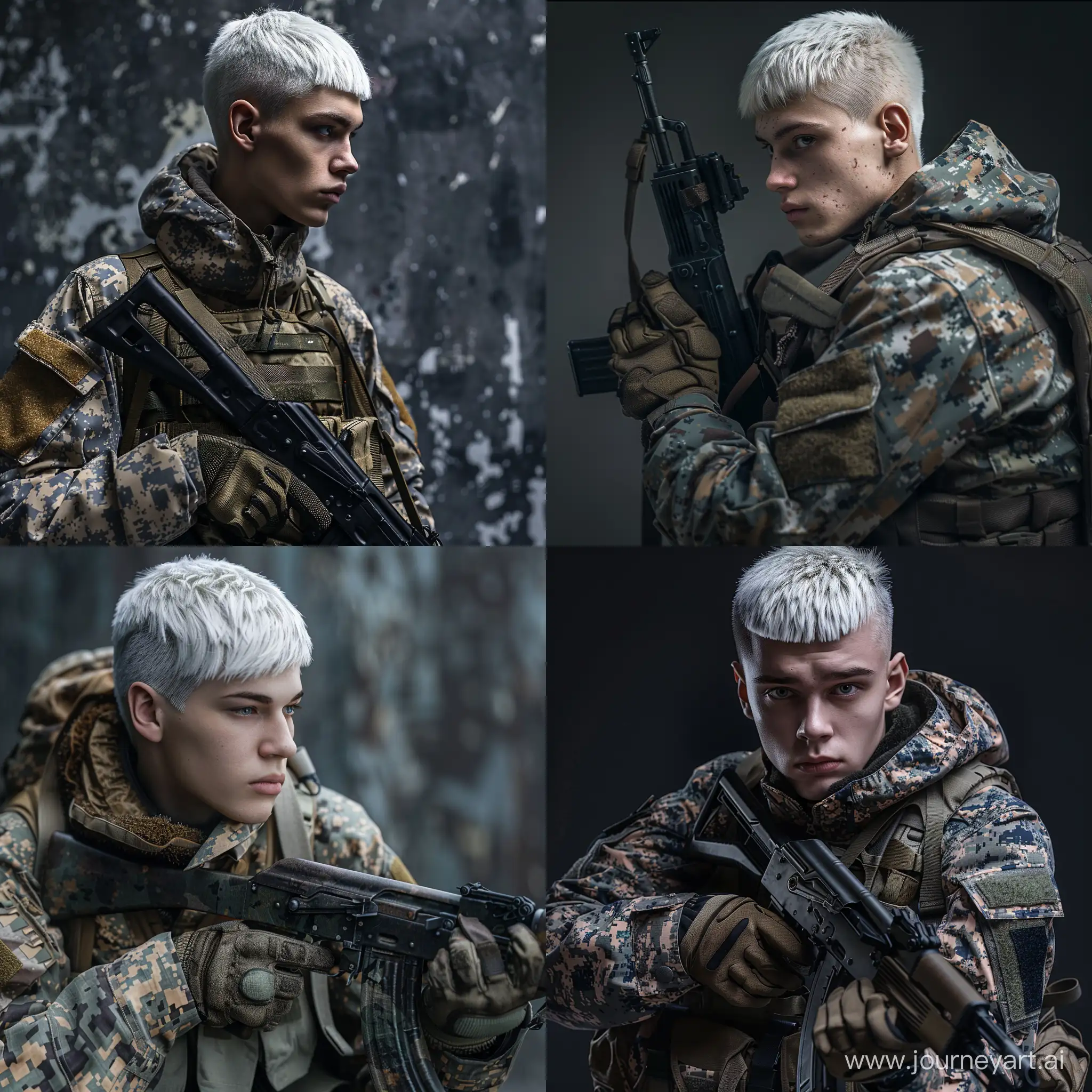 Realistic style, young male soldier, short army haircut, white hair, are wearing a winter camouflage  combat uniforms, with AK-12, tactical gloves on their hands, , fully armed, studio promotional photography, ultra-realistic, cinematic lighting, 8K, ultra details, best quality 