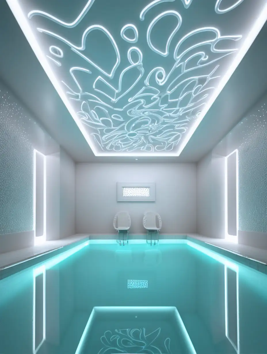 indoor basement pool full of white mocha creamer. no water. very intricately and microscopically detailed. highlighting the white color. emphasizing the free flow of liquid. emphasizing the smooth and creaminess of the white chocolate sauce. the ceiling is reflected by a mirror. the room is dim with neon lights. The color scheme revolves around white.