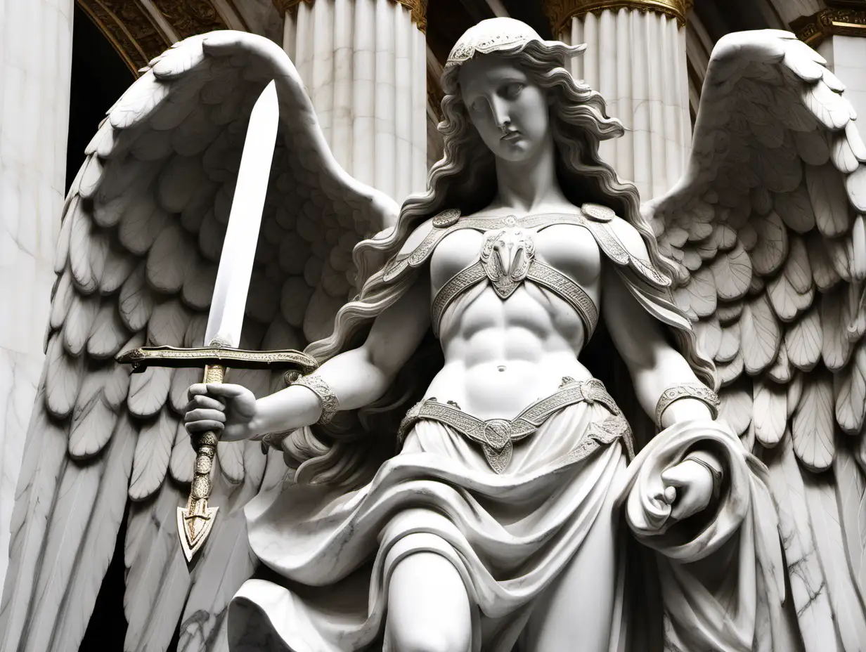 Ethereal Female Archangel Statue with Sword and Wings