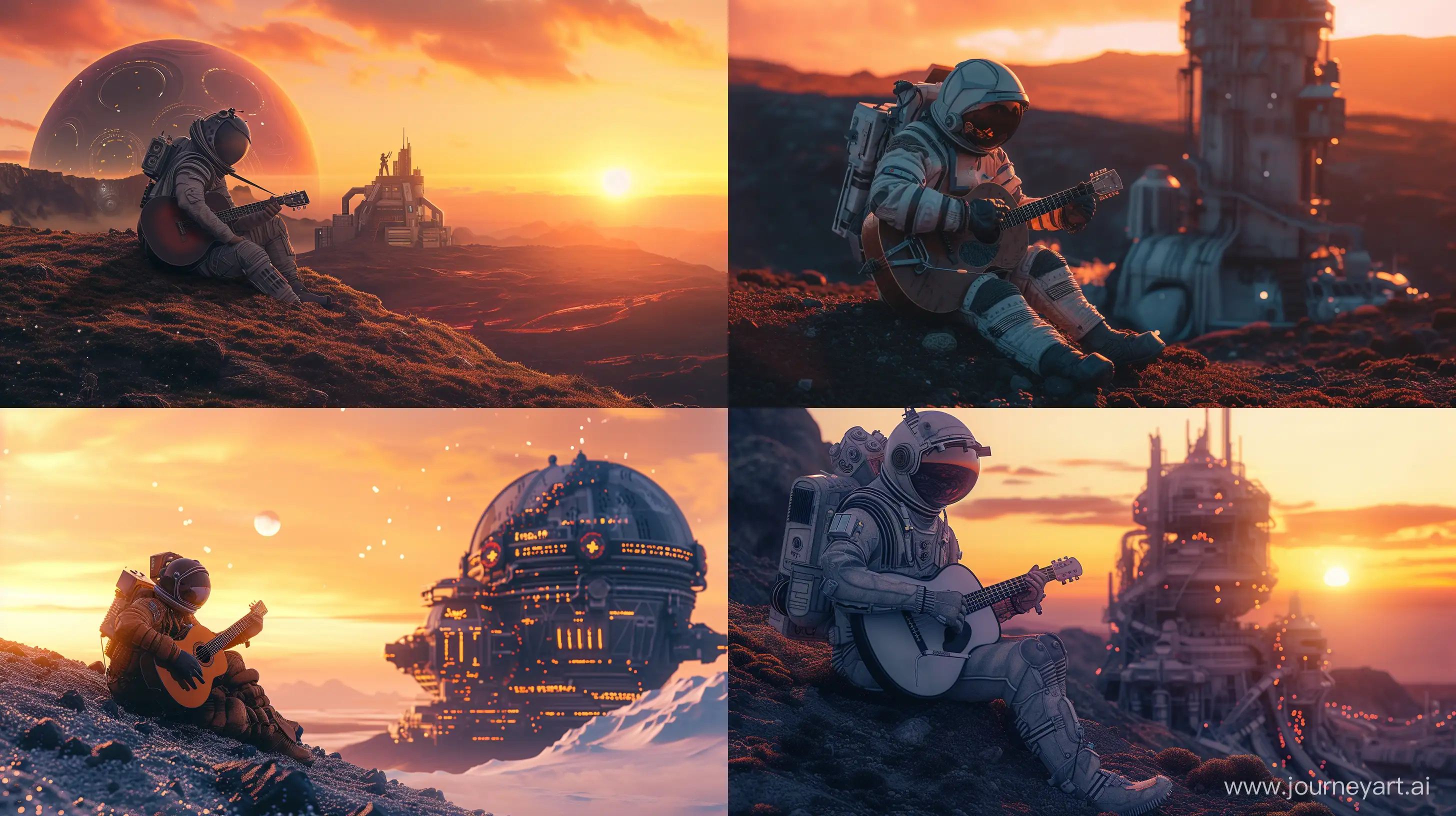 photograph of futuristic space travelor sitting down on a hill on alien planet while playing guitar in front of a futuristic space outpost, natural sunset lighting, low depth of field intricate details and textures --style raw --ar 16:9 --v 6.0
 