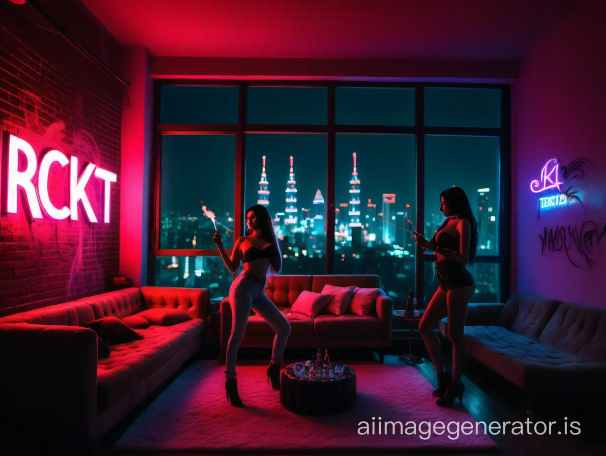 In a large room, neon letters on the wall read: RCKT. The window is open, revealing the evening cityscape. On the sofa, an escort girl is smoking a hookah, with a laptop and alcohol nearby.